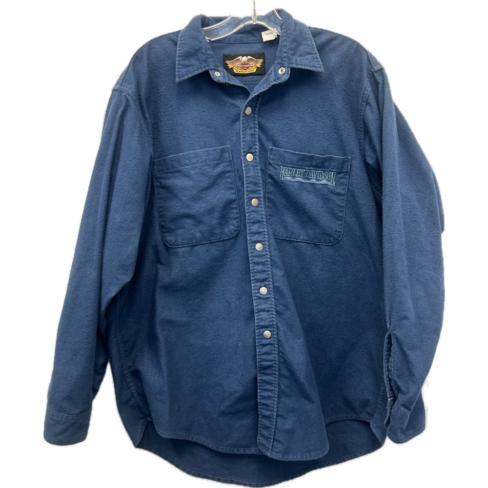 Vintage Harley-Davidson Embroidered Blue Flannel Long Sleeve Shirt HD Buttons